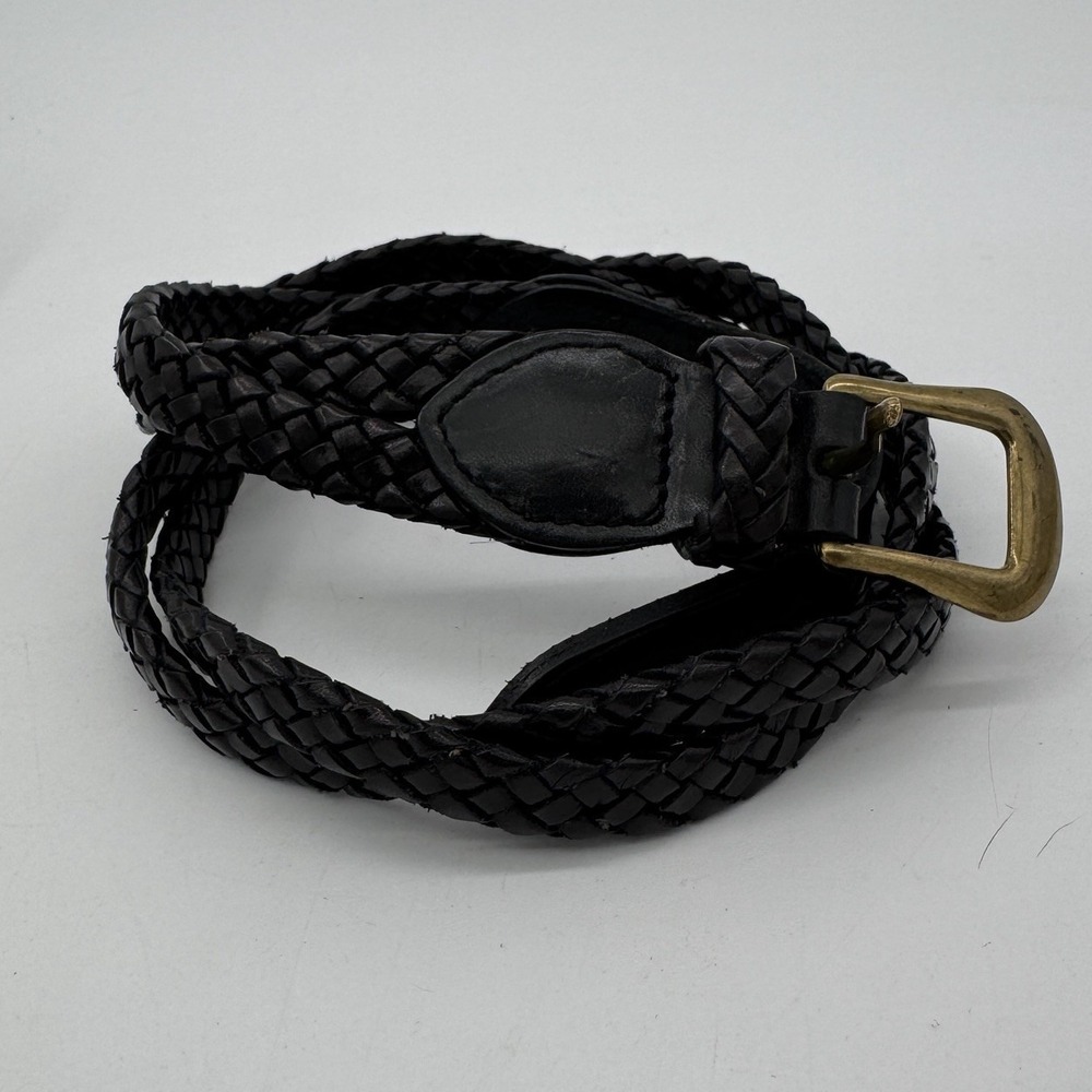 Talbots Genuine Leather Braided‎ Belt Solid Brass Buckle Black XS VTG 6309 Boho
